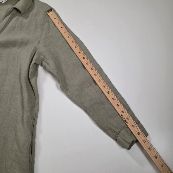 Zara Shirt Dress L Khaki Green Linen LS Roll Up Tab Slits Buttons Coastal Boho - Picture 6 of 16